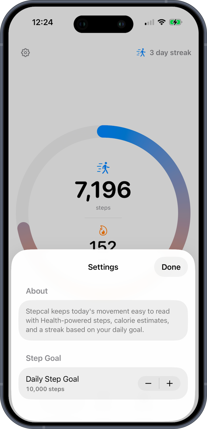 Step Cal settings sheet with Daily Step Goal controls