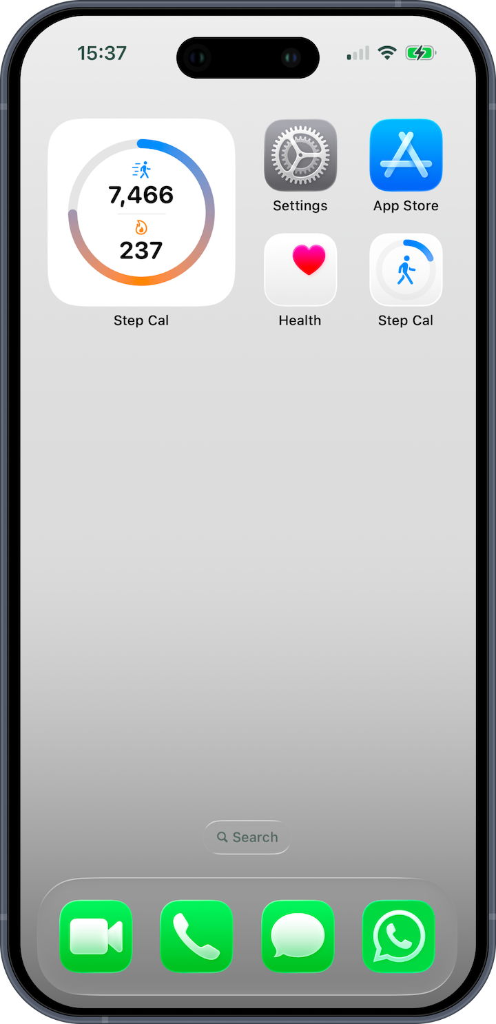 iPhone Home Screen showing the Step Cal widget